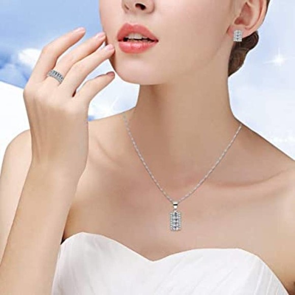 Crystal Necklace Earring Ring Set CZ Cubic Zircon Rhinestone Necklace Earrings - Picture 6 of 8